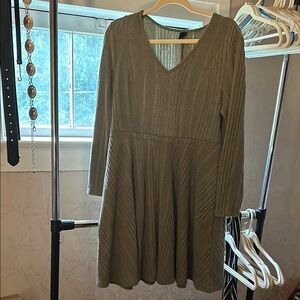 SHEIN Green Long Sleeve V-Neck A-Line Dress